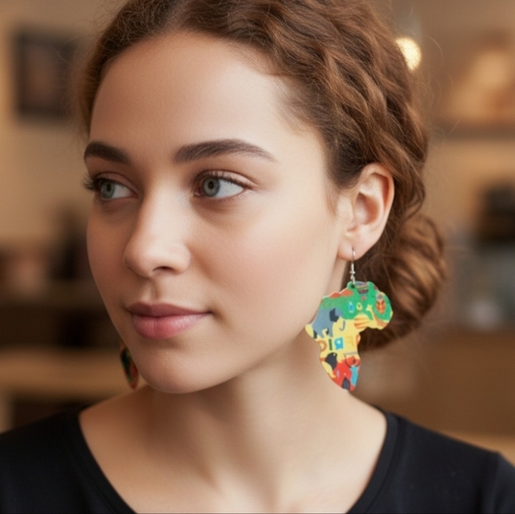 Fashion Jewelry Jewelry - African Map Animal Wood Painted Tribal Earrings. Length 3.0 inches
